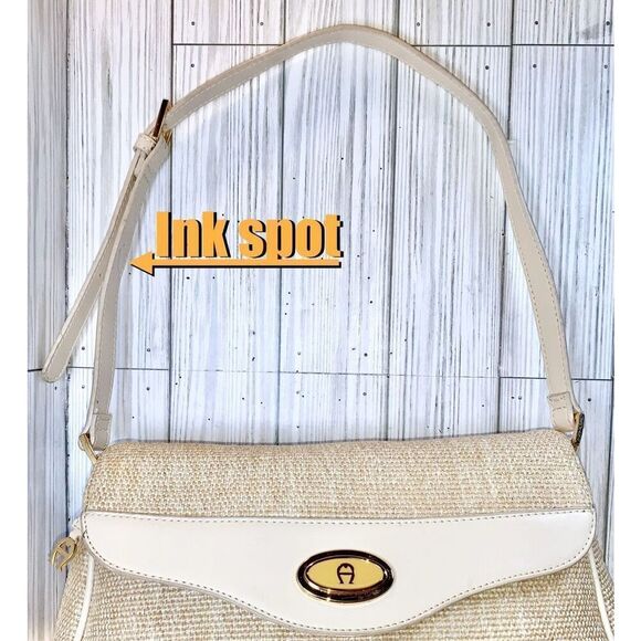 🚨Vintage - Etienne Aigner Tan & Cream Vegan Leather & Jute Shoulder Bag - Picture 7 of 14